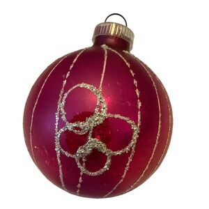 Vintage West Germany Glass Christmas Ornament Magenta Glitter Design 2.5"